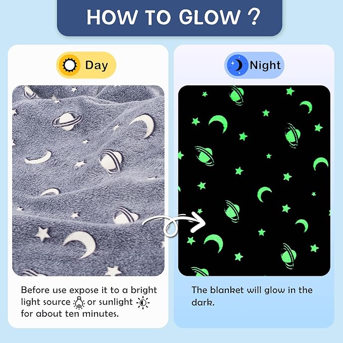 SOCHOW Glow in The Dark Throw Blanket 50 x 60 Inches, Galaxy Stars Pattern Soft Cozy Flannel Fleece Blanket for Sons Daughters, All Seasons Grey Presents Blanket for Preteens Teens