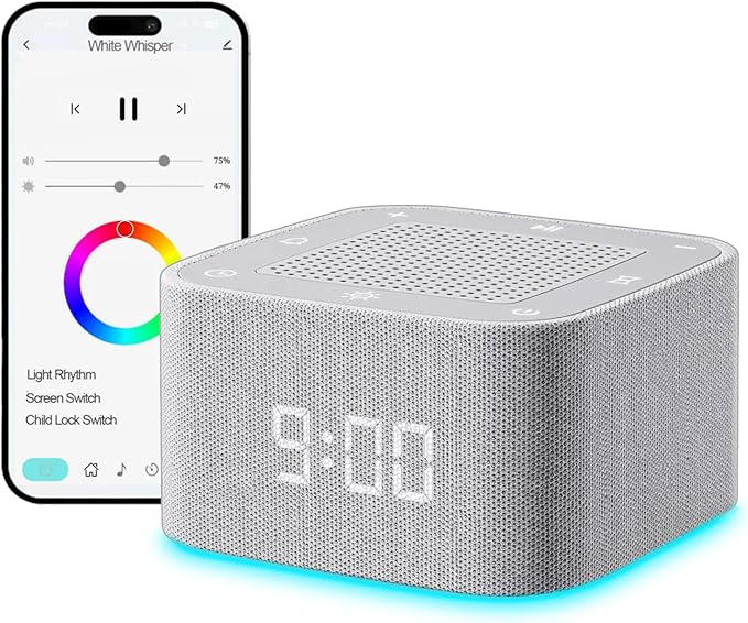 Sound Machine Alarm Clock for Baby Adult, 32 Soothing Sounds White Noise Machine, Night Lights Bluetooth Speaker, APP Control Noise Machine with Dimmable Clock for Kids Teens
