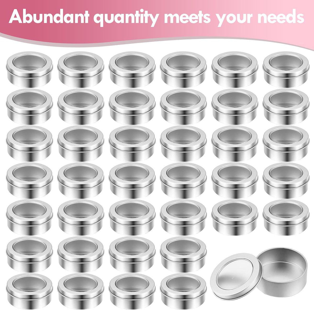 TecUnite 48 Pack 2 Ounce Metal Tin Cans Round Empty Container Salve Tins with Clear Lid for Kitchen, Office, Candles, Candies