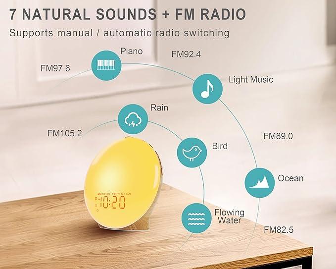 Wake Up Light Sunrise Alarm Clock for Kids, Heavy Sleepers, Bedroom, Full Screen with Sunrise Simulation, Dual Alarm, FM Radio, 15 Nightlights, 8 Sounds, Sleep Timer, Wood Grain