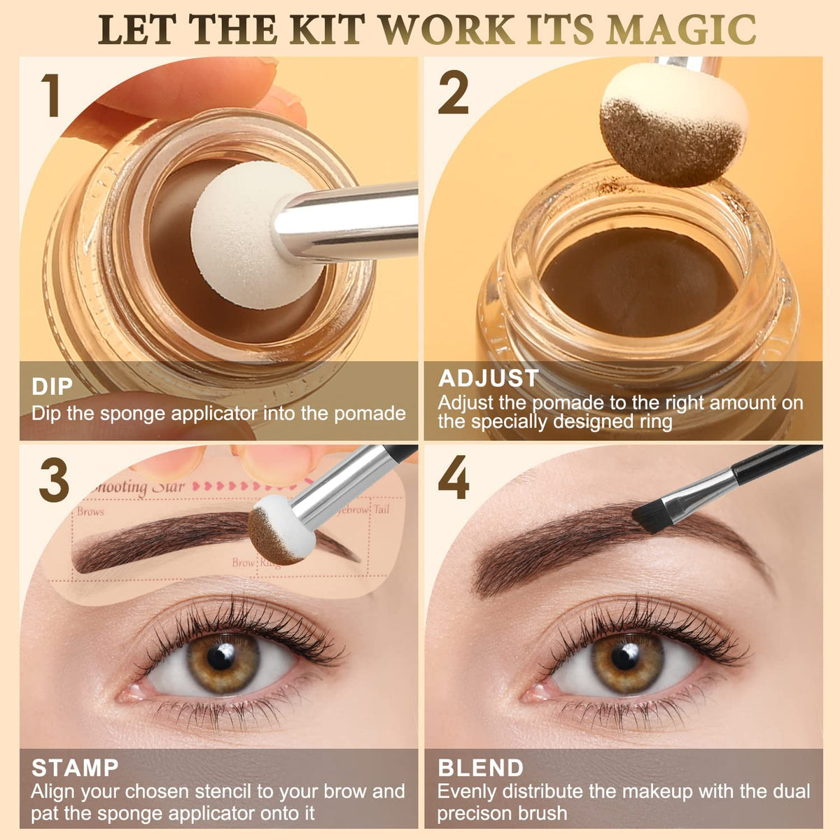 LAVONE Eyebrow Stamp Stencil Kit for Eyebrows, Brow Stamp Trio Kit with Waterproof Eyebrow Pencil, Eyebrow Pomade, 20 Eyebrow Stencils, Dual-ended Eyebrow Brush and Sponge Applicator - Caramel