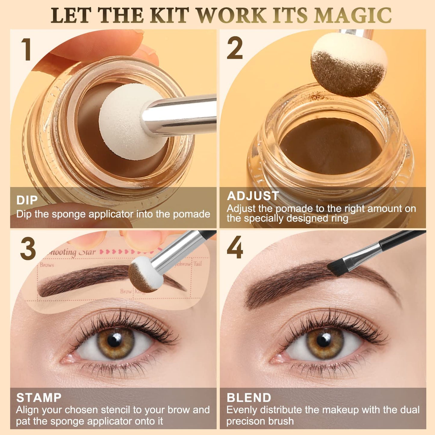 LAVONE Eyebrow Stamp Stencil Kit for Eyebrows, Brow Stamp Trio Kit with Waterproof Eyebrow Pencil, Eyebrow Pomade, 20 Eyebrow Stencils, Dual-ended Eyebrow Brush and Sponge Applicator - Blonde