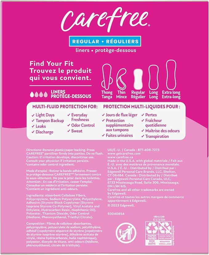 Carefree Panty Liners, Regular Liners, Unwrapped, Unscented, 120ct (Packaging May Vary) (Pack of 2)