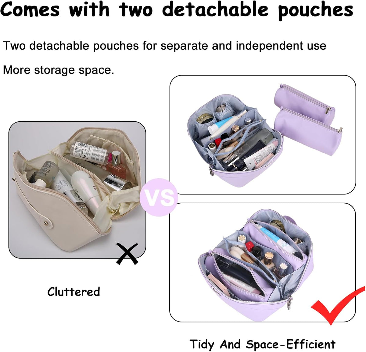 BOYATU Travel Makeup Bags for Women: Vegan Leather Cosmetic Bag Set of 3 - Large Capacity Make up Bag with Divider - Wide Open Waterproof Toiletry Organizer Bag with Handle (05-Purple)