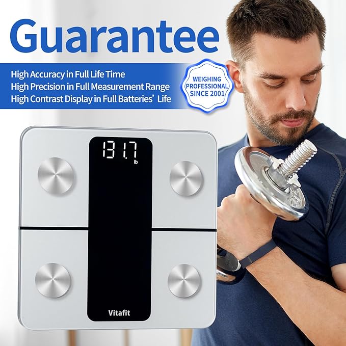 Vitafit Smart Bathroom Scale Body Weight, High Accuracy Assured by Weight Scale Professional Factory Since 2001, App Sync 13 Body Composition Including BMI, Body Fat and Muscle, 400lb, LED, Silver
