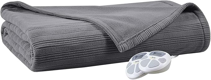 Serta Travis Fleece Ultra Soft Tri-Rib Textured Electric Blanket, Cozy and Snuggly Cover Fast Heating for Cold Weather, Auto Shut Off, Multi Heat Setting Controller, King, Charcoal