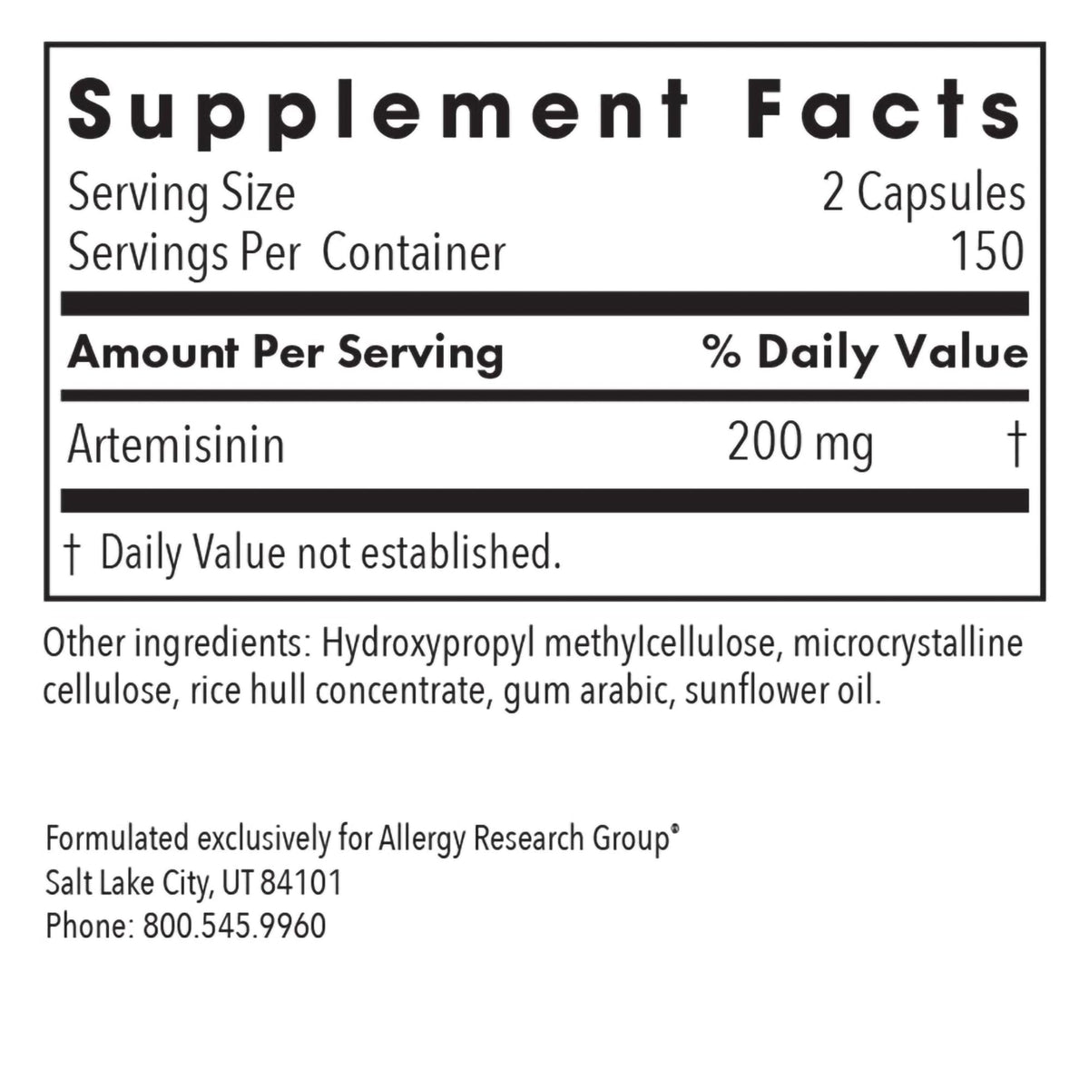 ARG Artemisinin - Delivers 200 mg Concentrated Sweet Wormwood Extract per Serving - Supports Immune and Digestive Health - Hypoallergenic & Vegetarian - 150 Servings - 300 Capsules
