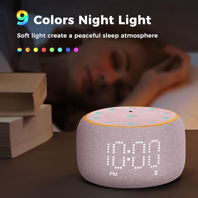 White Noise Machine Alarm Clock for Bedrooms - 5W Stereo Bluetooth Speaker - 24 Soothing Sounds - 9 Night Lights - Auto-Dimmable Digital Alarm Clock Sound Machine for Sleeping