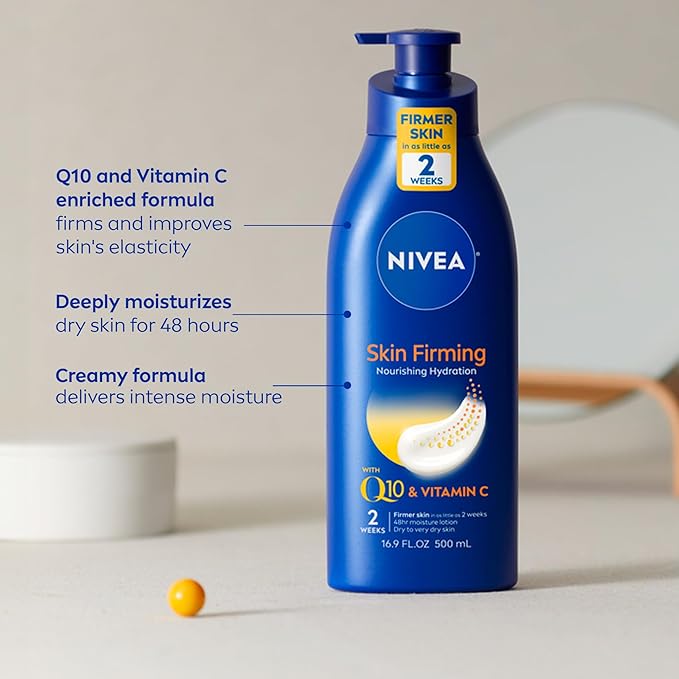 NIVEA Nourishing Hydration Skin Firming Body Lotion, 16.9 Fl Oz Skin Firming & Toning Body Gel Cream with Hyaluronic Acid, 6.7 Oz, Enriched with Q10 and Vitamin C