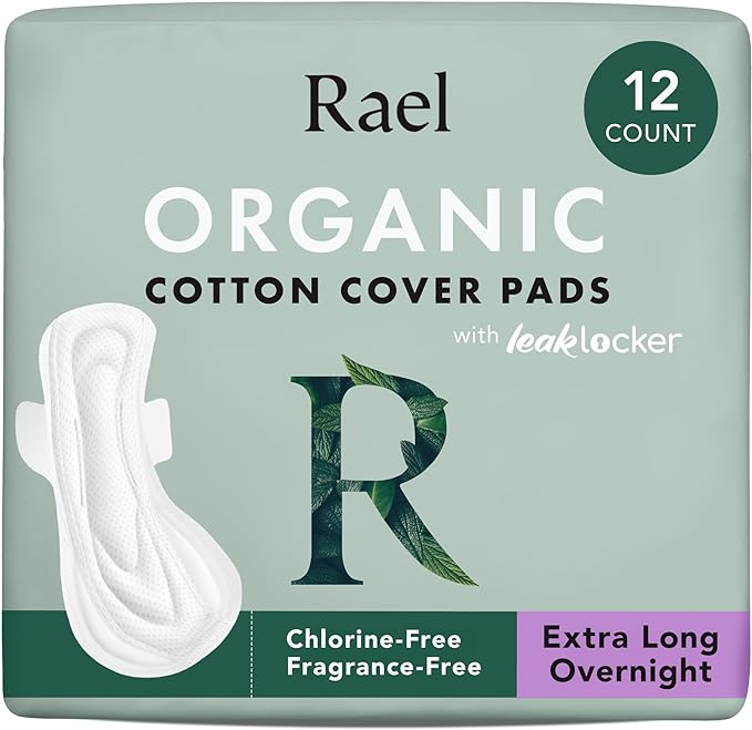 Rael Pads for Women, Organic Cotton Cover - Ultimate Absorbency, Feminine Care, Ultra Thin, Sanitary Napkins with Wings, Unscented (Extra Long Overnight, 12 Count)