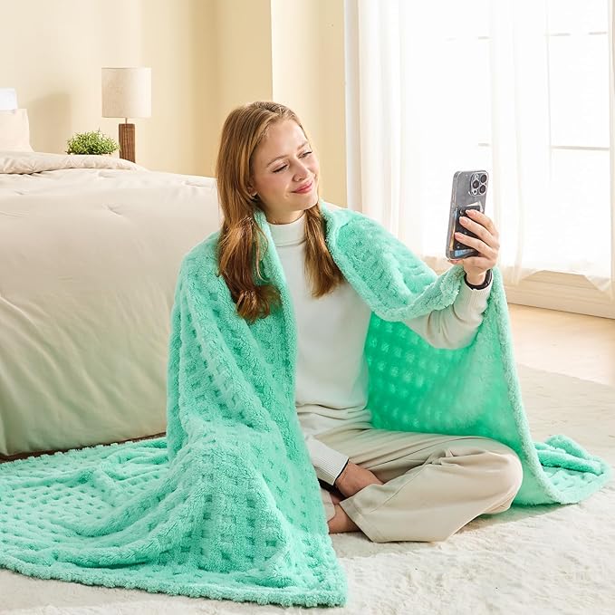 NEWCOSPLAY Super Soft Throw Blanket Aqua Premium Silky Flannel Fleece 3D Waffle Checkered Lightweight Bed Blanket All Season Use (Aqua, Throw(50"x70"))