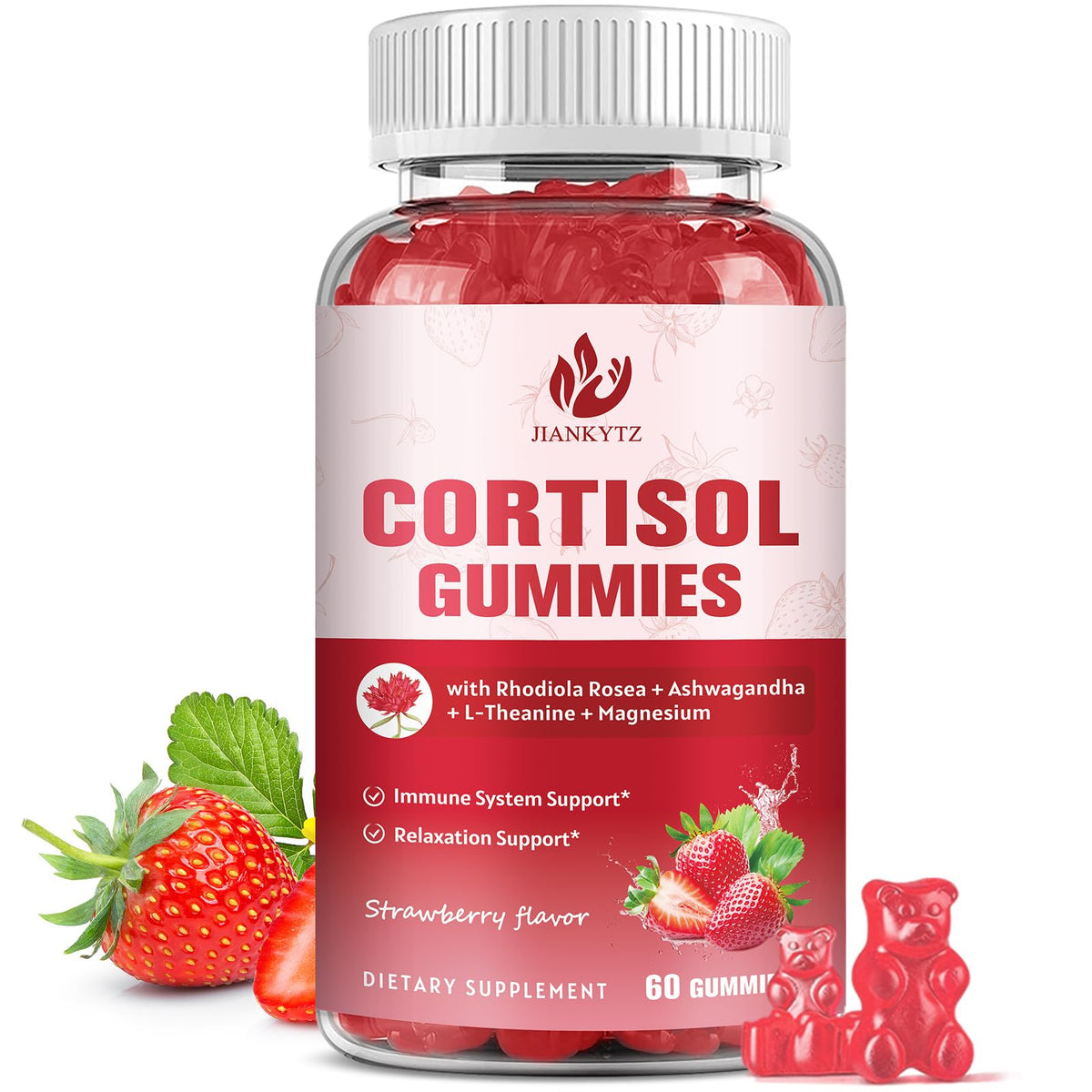 JIANKYTZ Cortisol Gummies for Women with Ashwagandha, Rhodiola Rosea, L-Theanine, Magnesium, Vitamin D3 for Zzz Support, Balanced Cortisol, Vegan, 60 Gummies