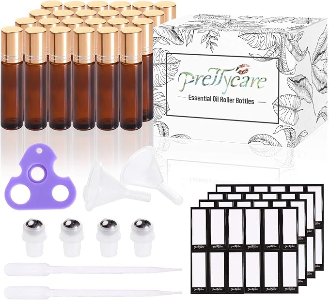 PrettyCare 24 Pack, 10 ml Essential Oil Roller Bottles with Stainless Steel Roller Ball - Refillable Leak-proof Empty Thick Amber Glass Roll on Bottles with Metal Caps for Travel, Perfume