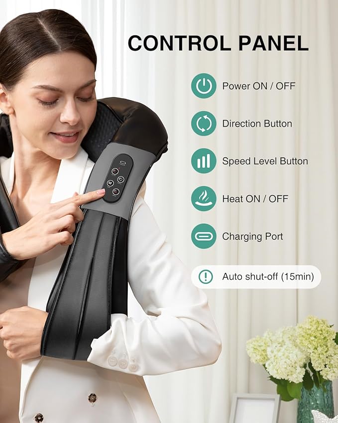Nekteck Cordless Shiatsu Neck and Back Massager with Soothing Heat, Electric Deep Tissue 3D Kneading Massage Pillow for Shoulder, Leg, Body Muscle Pain Relief, Home, Office, and Car Use
