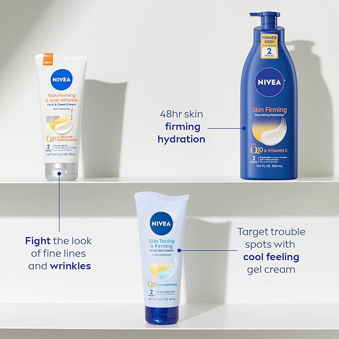 NIVEA Nourishing Hydration Skin Firming Body Lotion, 16.9 Fl Oz Skin Firming & Toning Body Gel Cream with Hyaluronic Acid, 6.7 Oz, Enriched with Q10 and Vitamin C