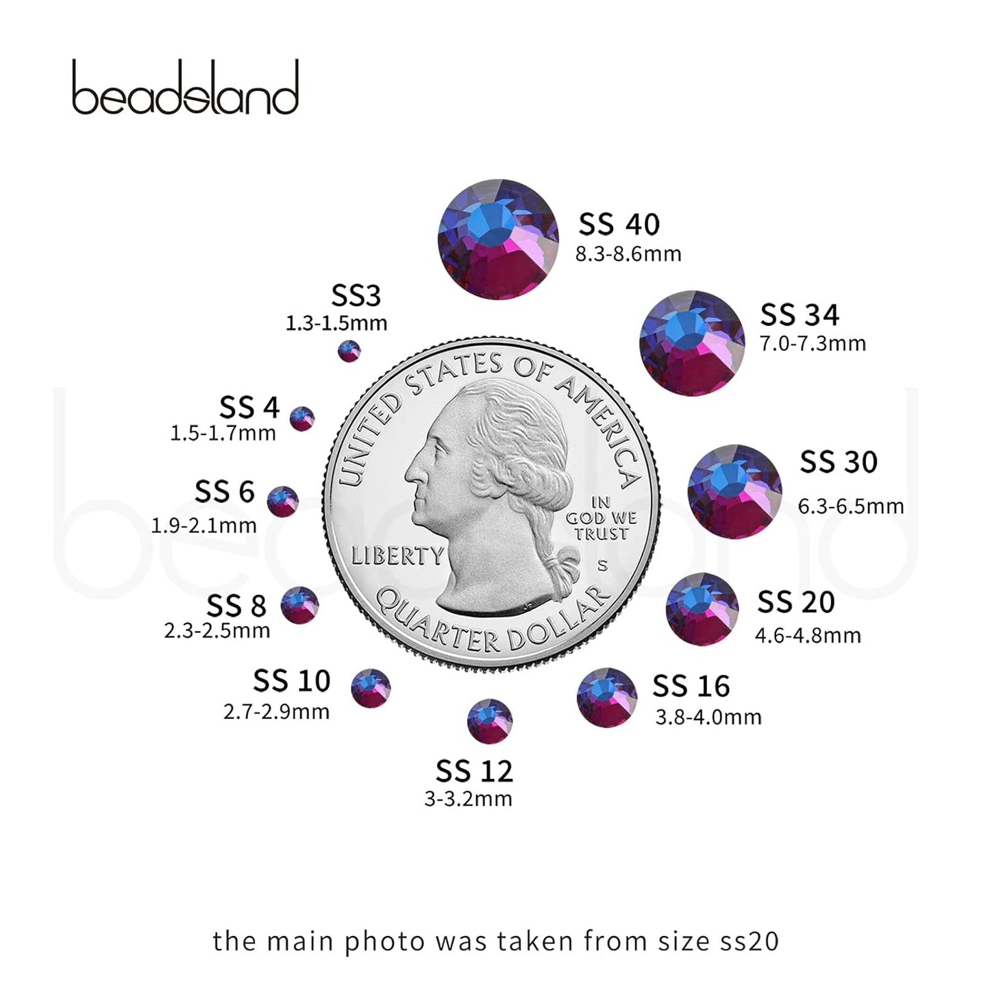 Beadsland 288pcs Flat Back Crystal Rhinestones Round Gems for Nail Art and Craft Glue Fix, Blue Volcano, SS34,7.1-7.3mm