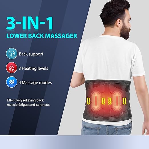 HONGJING Heated Back Massager Brace for Lower Back Pain Relief, Cordless Back Vibration Massage Belt with 3 Heating Modes and 4 Massage Modes for Sciatica and Scoliosis-L