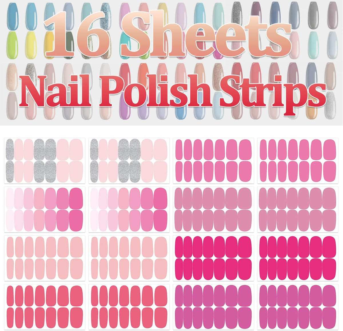 SILPECWEE Pink Nail Wraps for Women Nail Polish Strips Solid Color Glitter Self Adhesive Nail Polish Stickers Gel Nail Strips Fingernail Manicure Stickers with 1pc Nail File (16 Sheets)