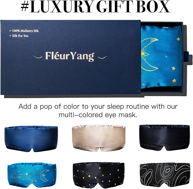 Fleur&Yang Silk Sleep Mask, Adjustable Blackout Sleeping Mask for Men Women, Soft Breathable 100% Mulberry Silk Fabric, Cooling Eye Cover Blindfold for DeepSleep or Meditation(Luna)