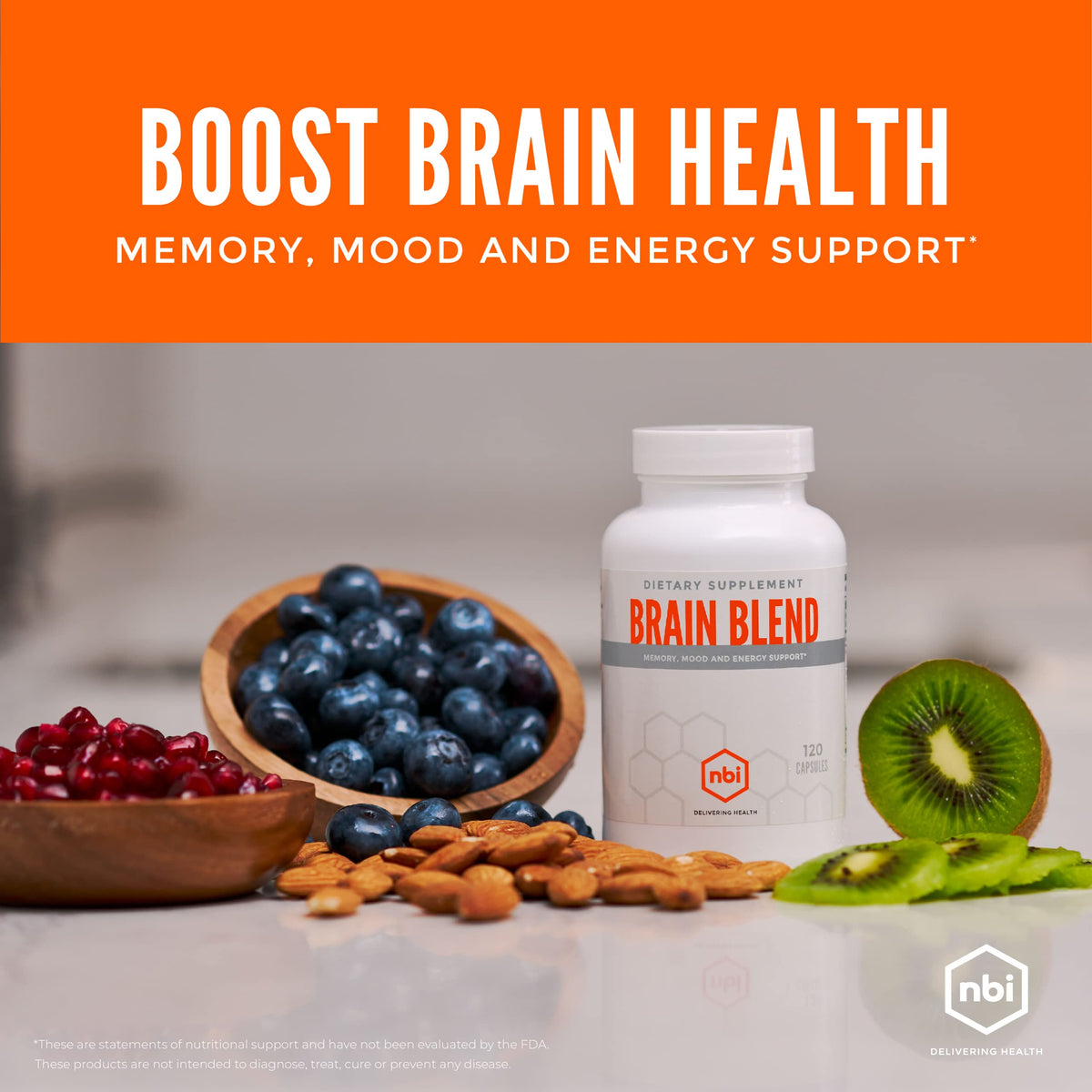 NBI Brain Blend for Memory, Focus, Concentration, Cognitive Function for Men & Women | Caffeine-Free with ALCAR, Alpha Lipoic Acid, Huperzine A, Turmeric | Nootropic | 120ct Capsules