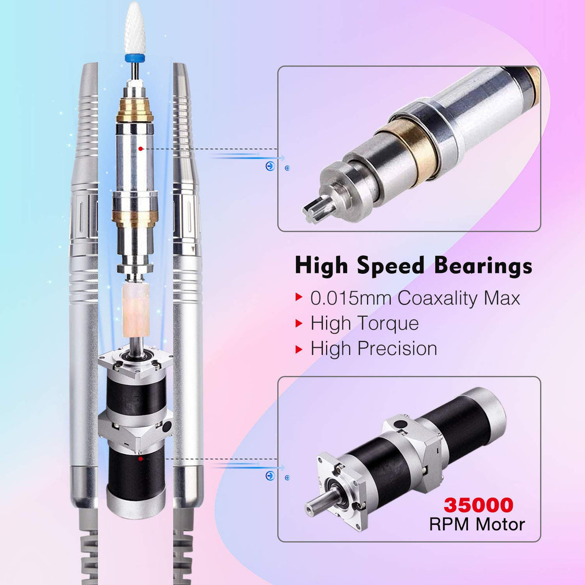 Professional Nail Drill Machine, IMENE 35,000RPM Portable Brushless Nail Drill Rechargeable E-File Nail Drill Perfect for Acrylic, Gel, Natural Nails（White）