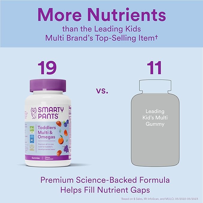 SmartyPants Toddler Multivitamin Gummies: Omega 3 Fish Oil (EPA/DHA), Vitamin D3, C, Vitamin B12, B6, A, K & Zinc, Biotin, Beta Carotene, Gluten Free, Three Fruit Flavors, 70 Count (23 Day Supply)