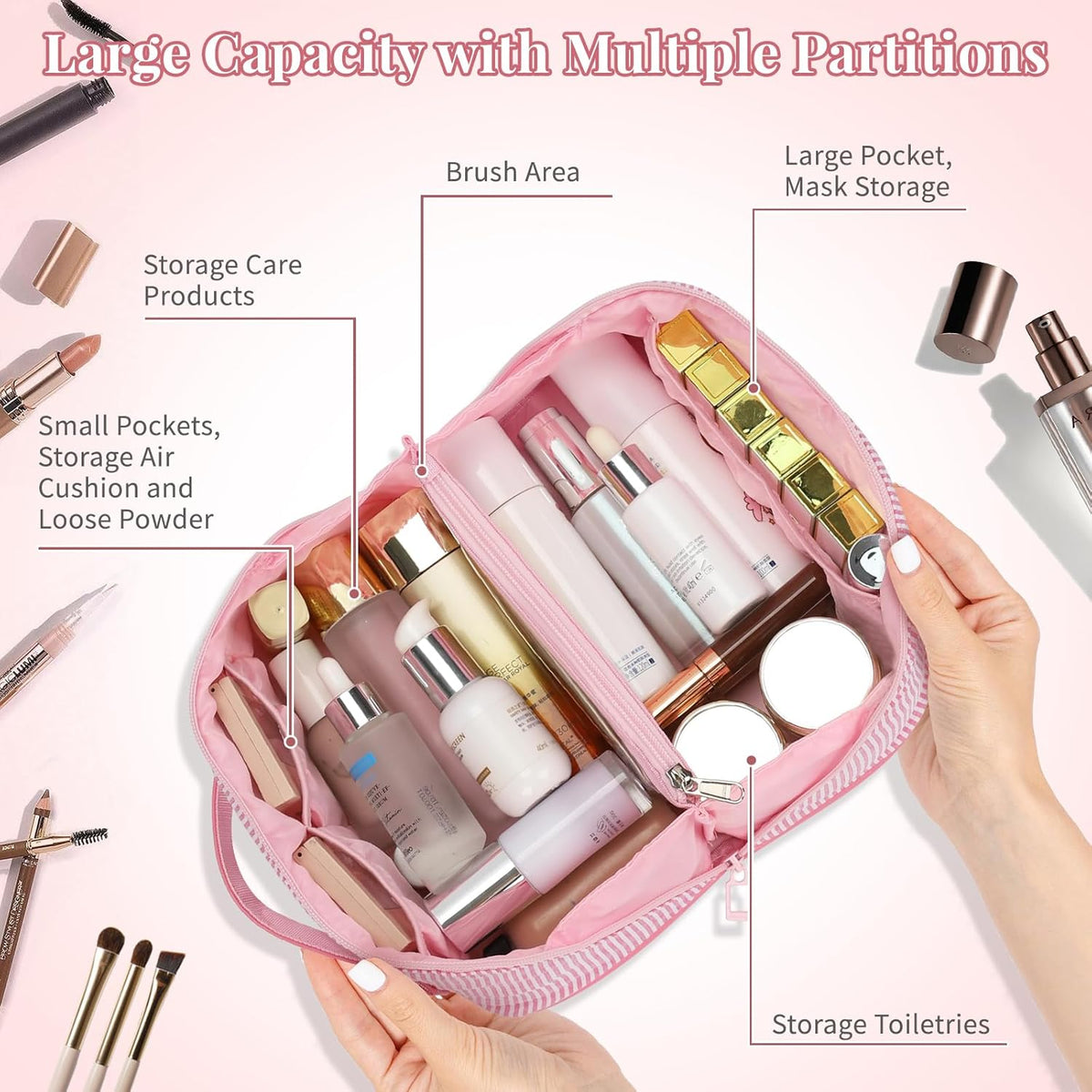 Travel Makeup Bag for Women, 2Pcs Portable Personalized Initial Makeup Organizer Bag, Open Flat Large Cosmetic Bag With Travel Essential Pouch (Pink Letter E)