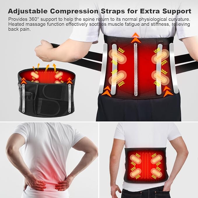 Cordless Heating Pad Back Massager Brace for Lower Back Pain Relief, Heated Back Brace Vibration Wrap with Rechargeable Battery, Warmer Lumbar Support Belt with Massage for Cramps (L)