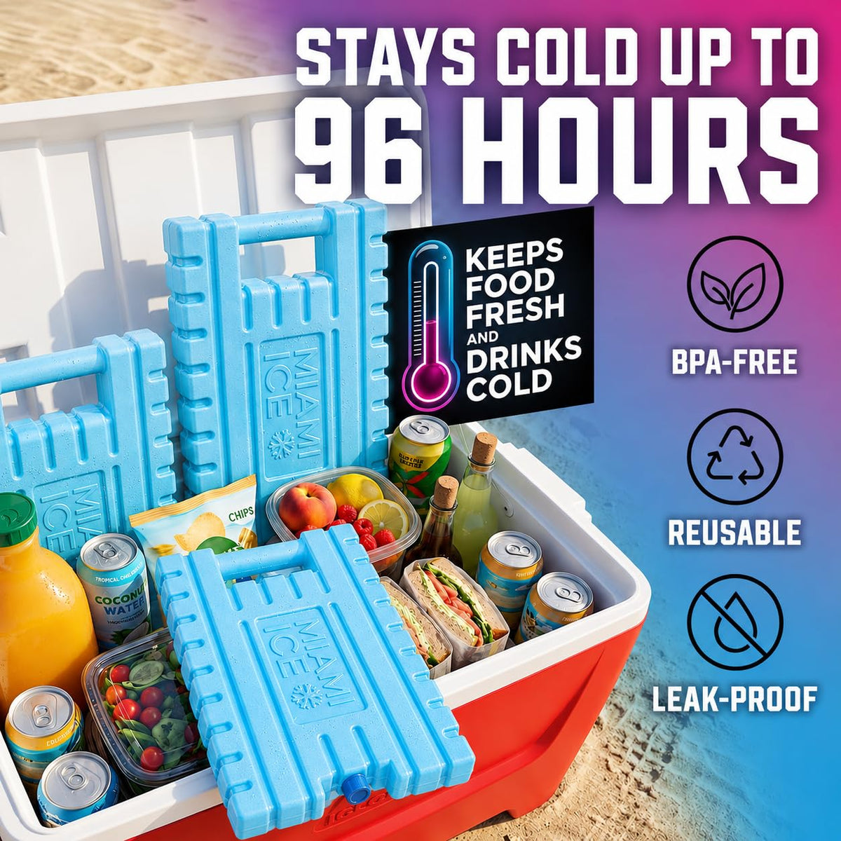 Miami Ice XL Reusable Ice Packs for Cooler (12"x9") - Replaces 14 lbs of Ice, Stays Cold up to 96 Hours, BPA-Free, Built-in Handle, Large Frozen Cooler Ice Packs - 2 Pack