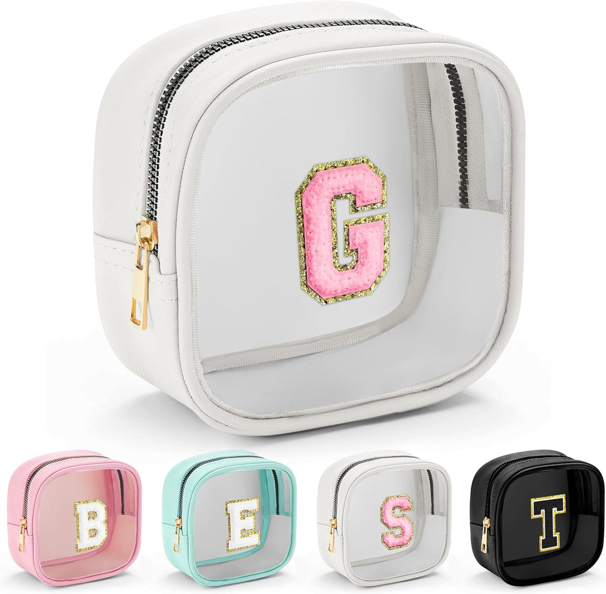 YOOLIFE Initial Make Up Bag Travel Toiletry Bag, Clear Makeup Bag Preppy Cosmetic Bags Organizer Travel Essentials Gifts for Women Teen Girlfriend Teacher Mom Birthday Mothers Day Gifts White G