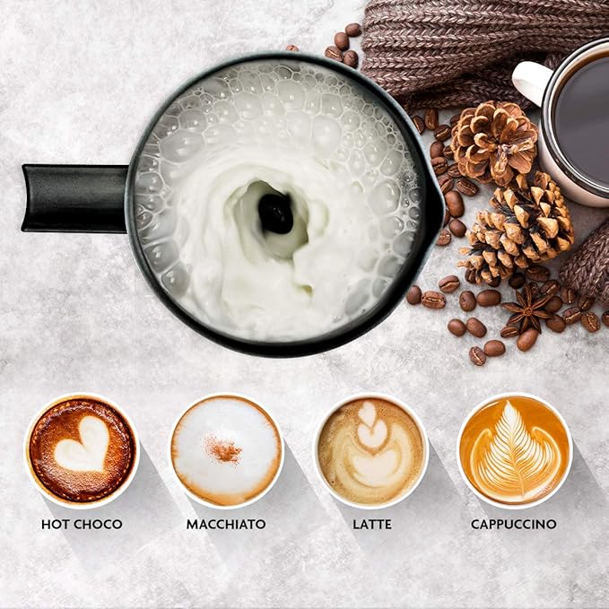 Ovente Electric Stainless Steel Milk Frother and Steamer, Portable Non Stick Milk Warmer Auto Shut-Off Function Hot and Cold Foam Perfect for Coffee Latte Cappuccino Hot Chocolate, Black FR1208B