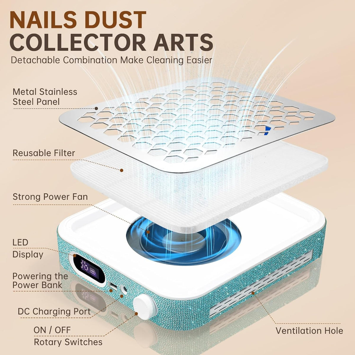 Nail Dust Collector, Rechargeable Dust Collector Nail Tech, Powerful Vacuum Fan Vent Dust Collector Extractor Dust Suction Machine for Acrylic Nails Polishing, Nail Salon&Home, Blue
