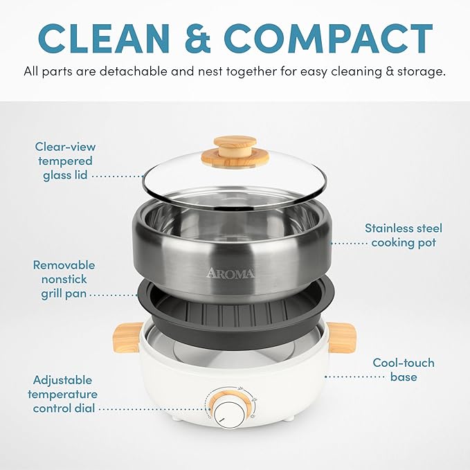 Aroma Housewares AMC-130 Whatever Pot, Indoor Grill, Cooking, Hot Pot with Glass Lid, Bamboo Handles, 2.5L, Stainless Steel/White