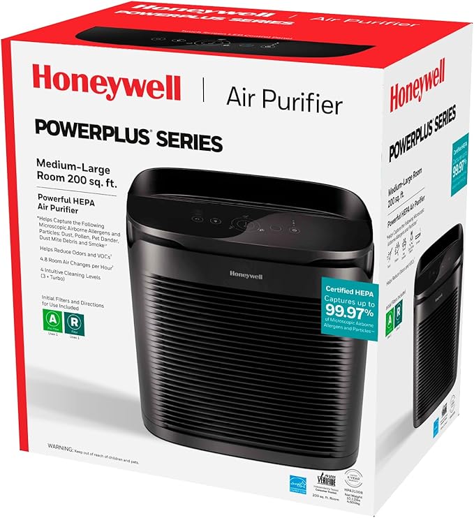 Honeywell PowerPlus HEPA Air Purifier for Home, Medium-Large Rooms, Reduces Allergens, Smoke, Wildfire Smoke, Pollen, Pet Dander and More, Black, HPA3100