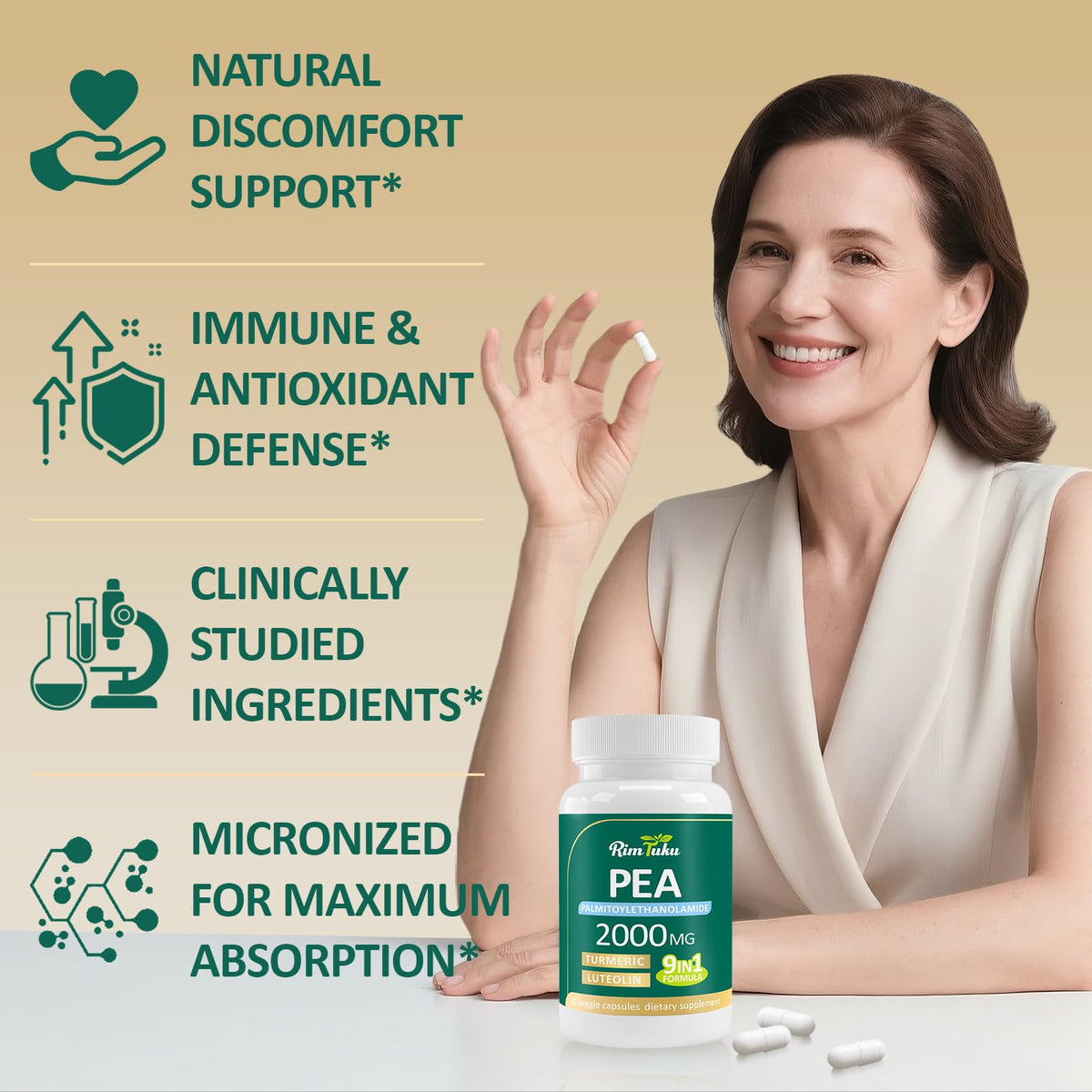 Liposomal Palmitoylethanolamide 2000MG + Luteolin 200MG + Turmeric 200MG & Fisetin 100MG, Micronized Pea 99% Highly Purified Enhanced Absorption Pea Supplement, 120 Capsules