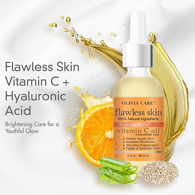 Olivia Care Vitamin C + Hyaluronic Acid Flawless Essential Facial Oil Acid 100% Natural, Reviving, Hydrating, Calming & Soothing. Stabilize & Retain Moisture 2 fl oz (Vitamin C)