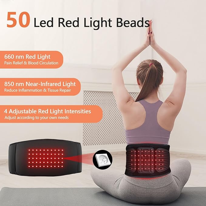 Lower Back Massager Belt with Four Modes Heating & Massage & Red Light, Ergonomic Support Massage Belt with Timer, Portable Cordless Heating Pad for Back Relieve Pain, Battery-Powered