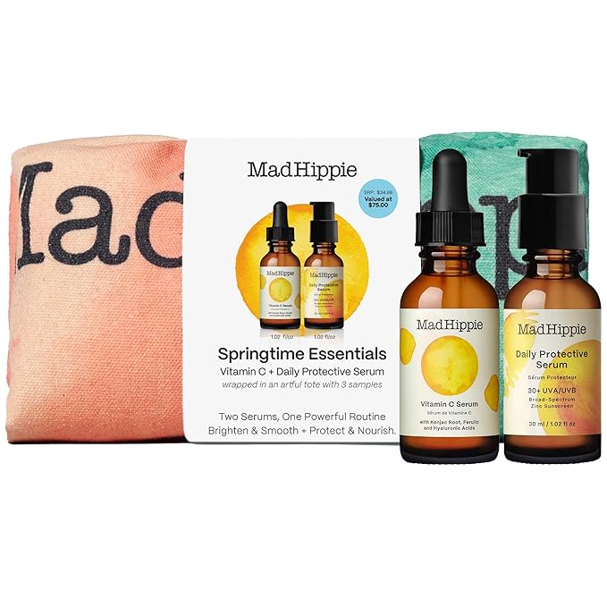 Mad Hippie Springtime Essentials Skin Care Kit – Daily Protective SPF 30+ & Vitamin C Face Serum Wrapped in an Artful Tote Bag with 3 Samples