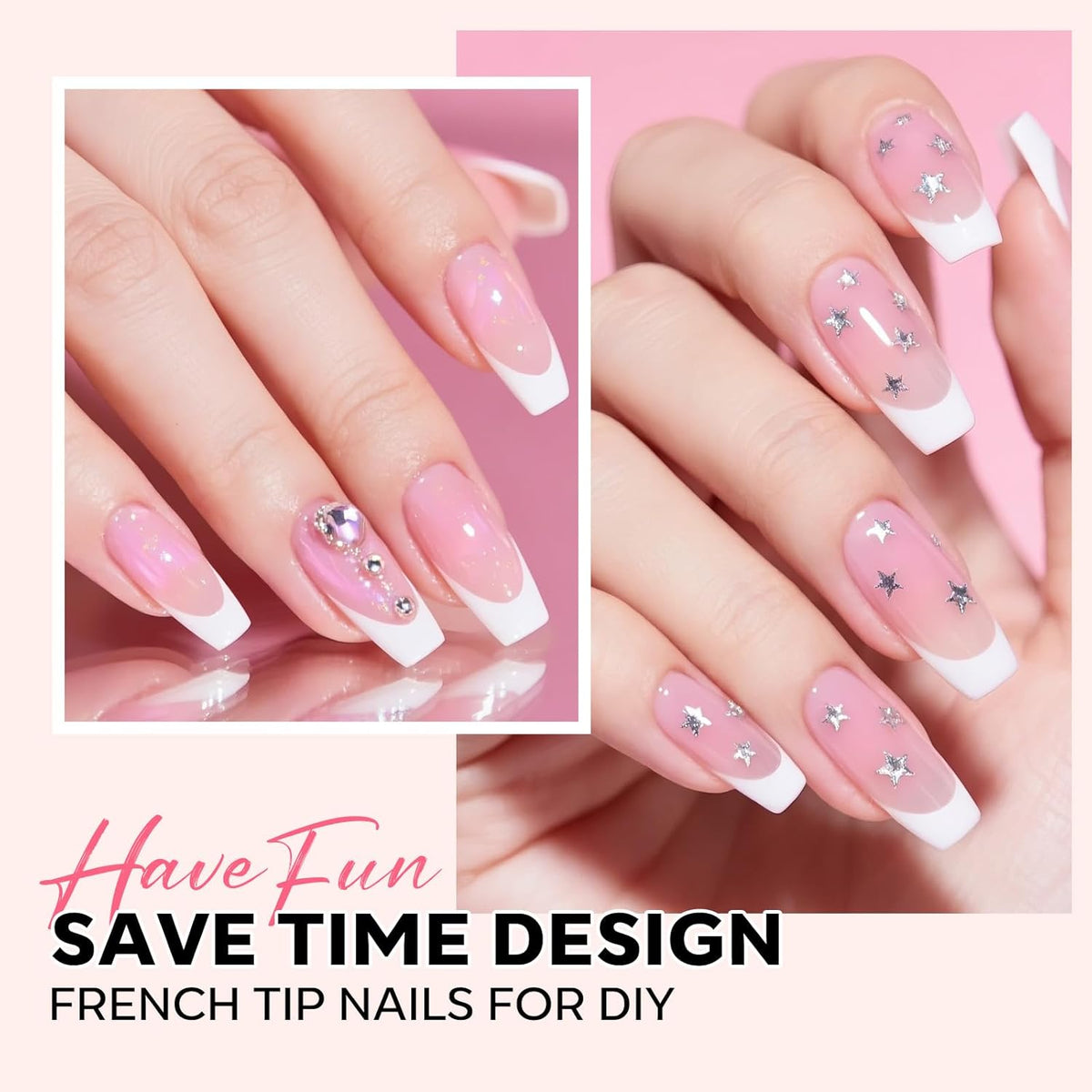 modelones French Tip Press on Nails, 150Pcs Long Square Fake Nails with Nail Box, Pink & White Gel Nail Tips for Women, Soft Glue-On Nails for Natural Salon Look, DIY Nail Art Kit (15 Sizes)