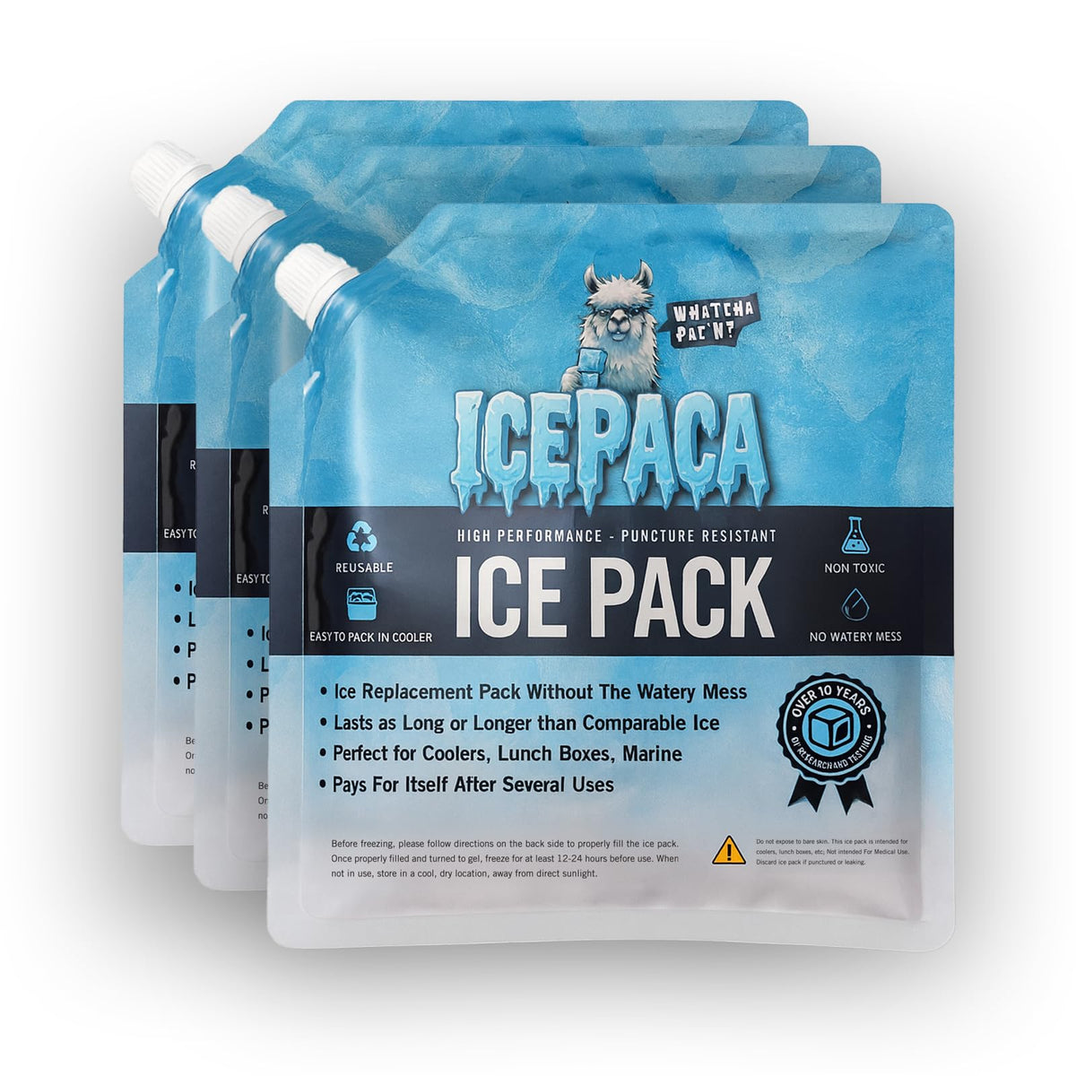 Icepaca Ice Pack for Coolers, (3 Pack) High Performance, Reusable Long-Lasting Cold Pack for Lunch Boxes, Camping, Travel & Marine Use – Non-Toxic, Leakproof, No Watery Mess, Small Size (10"X10")