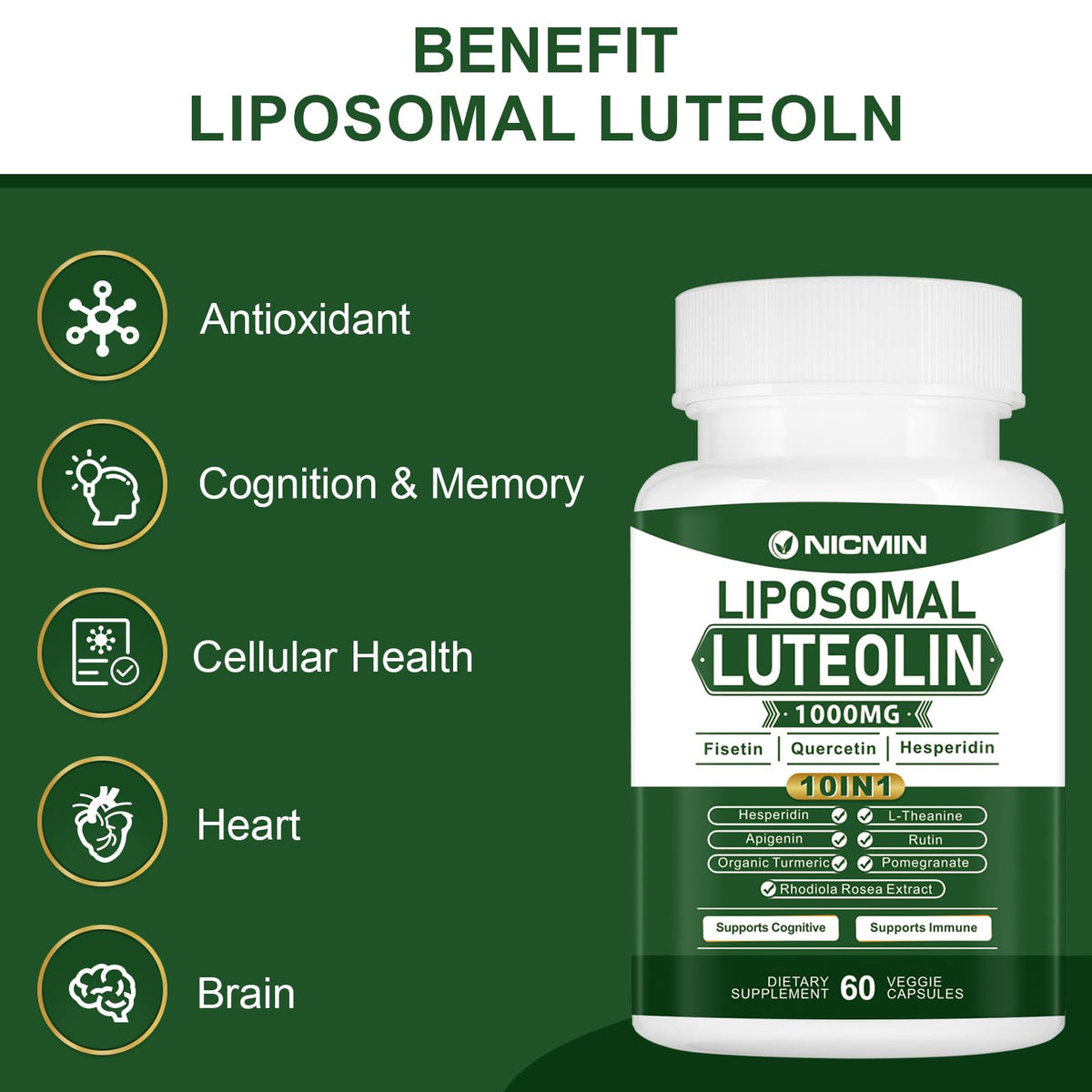 NICMIN 1000MG Liposomal Luteolin, Maximum Absorption, Potent Luteolin Supplement 60 Capsules