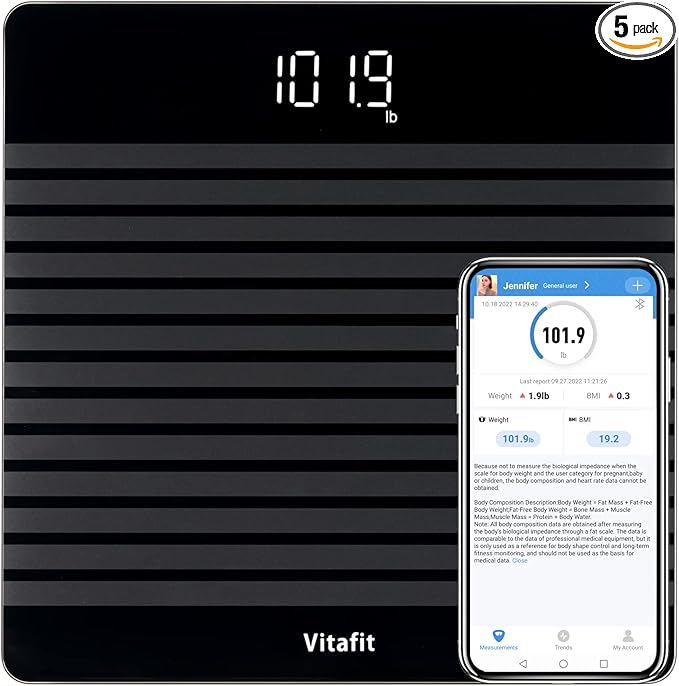 Vitafit Anti-Slip Smart Digital Bathroom Scale for Body Weight, FSA HSA Store Eligible, High Accuracy Assured by Weighing Professional Since 2001, BMI with App,Black
