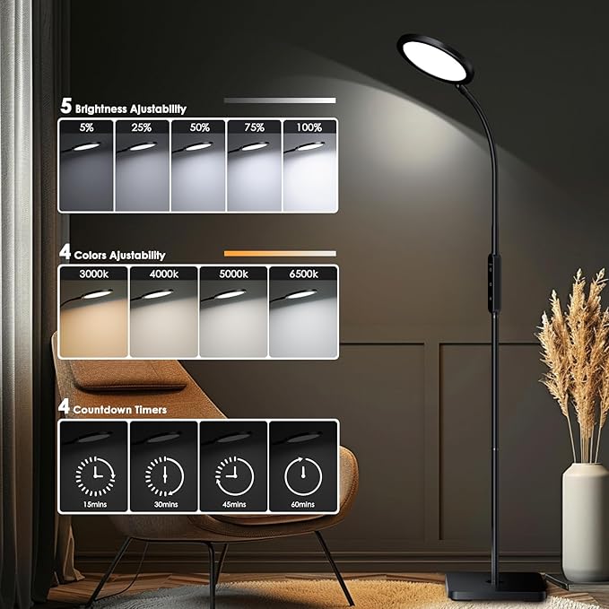 Light Therapy Lamp, 11,000 Lux Sunlight Lamp with Touch&Remote Control, Floor Lamp with 4 Color Temperatures &5 Brightness Levels,Full Spectrum Light with 4 Timers for Reading/Office/Home