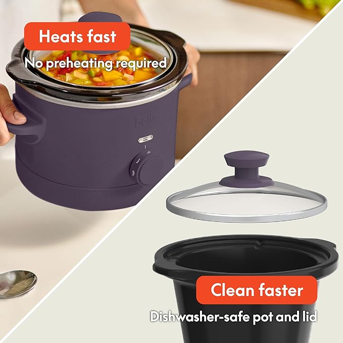 bella 1.5 Qt Slow Cooker with 3 Heat Manual Control, EverGood™ Ceramic Nonstick Coating, Dishwasher Safe Stoneware Pot and Tempered Glass Lid, Tangle Free Cord Wrap & Cool Touch Handles, Plum