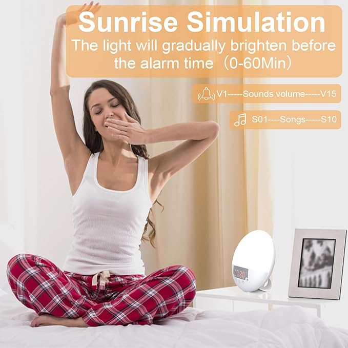 Wake Up Light, 10000 Lux UV Free Sun lamp Sunrise Alarm Clock, Dimmable 5 Brightness & 4 Color Temperatures & Timer, Dual Alarms & Snooze, Sleep Aid with 10 Natural Sounds
