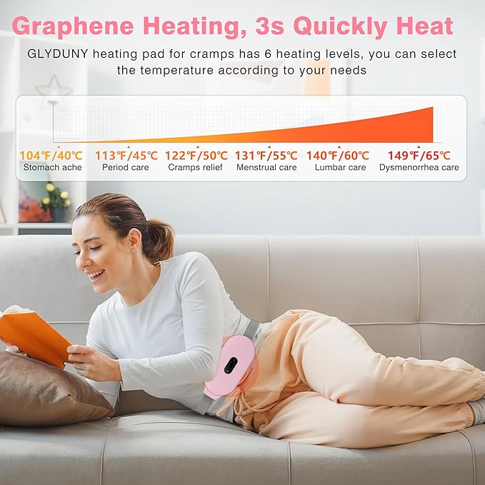 Heating Pads, Glyduny Period Cramp Massager Portable Cordless Heating Pad with 6 Heat Levels and 6 Massage Modes for Back Pain Relief Menstrual Heating Pad (Pink)