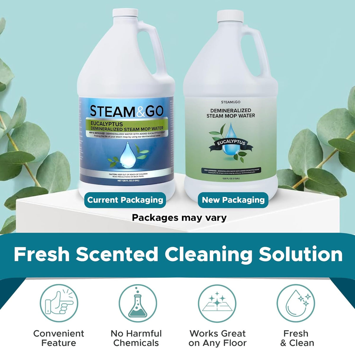 Steam & Go Demineralized Water - Multi-Surface Cleaning Solution for Steam Mop, Ready-to-Use Floor Cleaner, No PVC, Ideal for Home & Office, Compatible w/Any Mop - Eucalyptus Mint, 128oz, Pack of 1