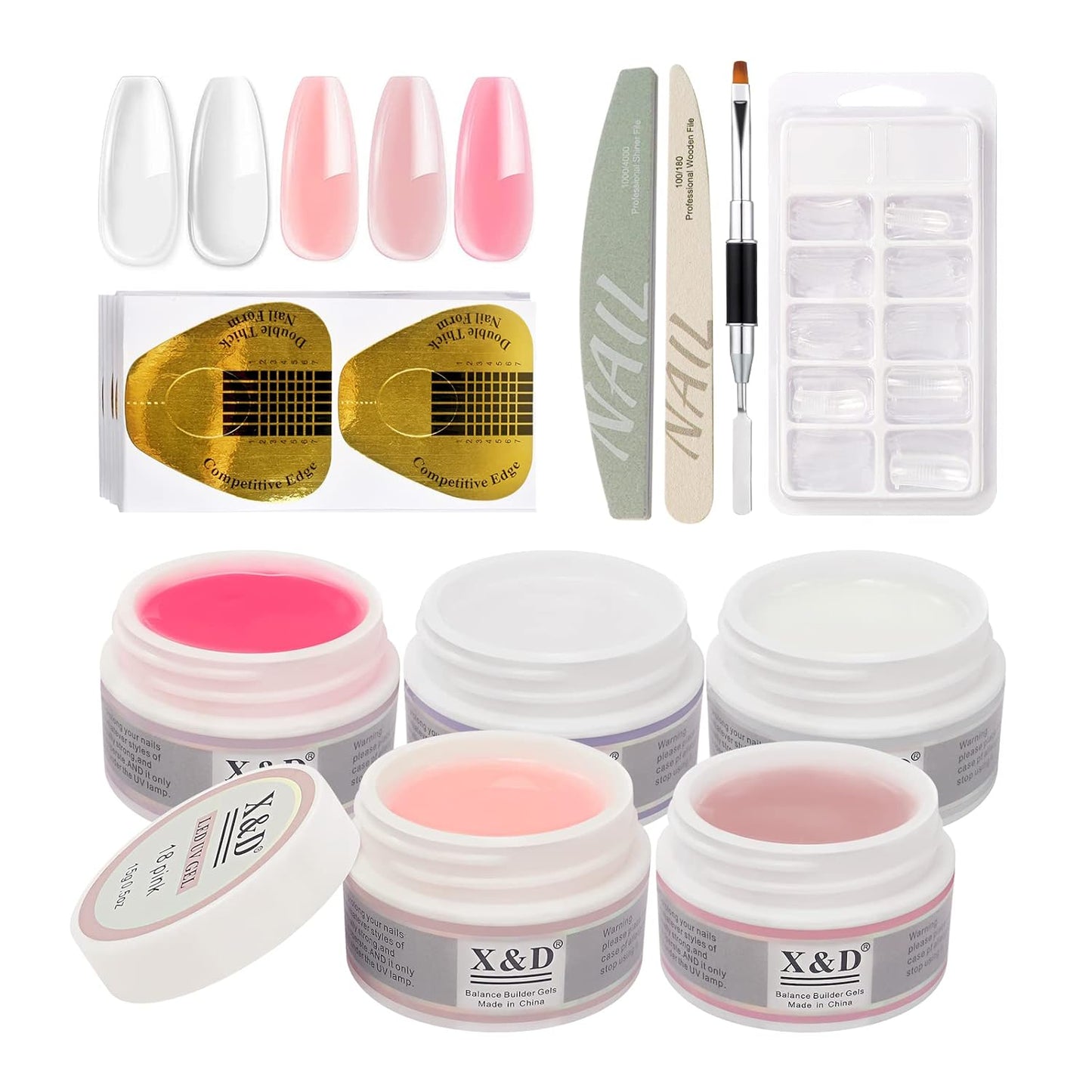 X&D Poly Gel Nail Kit - Natural Clear 5 Colors, Dual Forms, Gel Brush with Spatula, Professional Nail File and Buffer Set