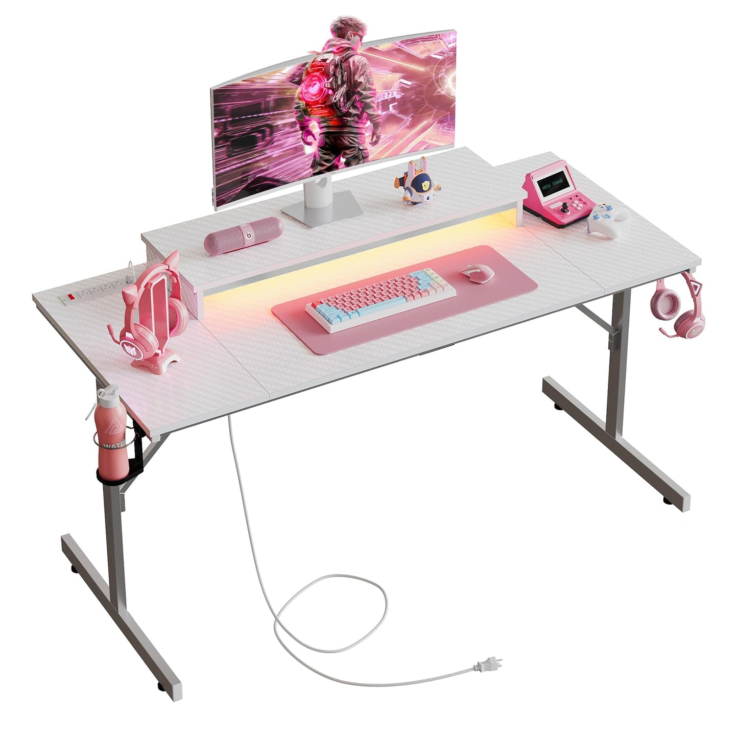 Bestier 52 inch Gaming Desk with Power Outlets and USB Charging Ports, Computer Desk with LED Lights and Monitor Stand, Gamer Desk for Home Office, Easy to Assemble, Carbon Fiber White