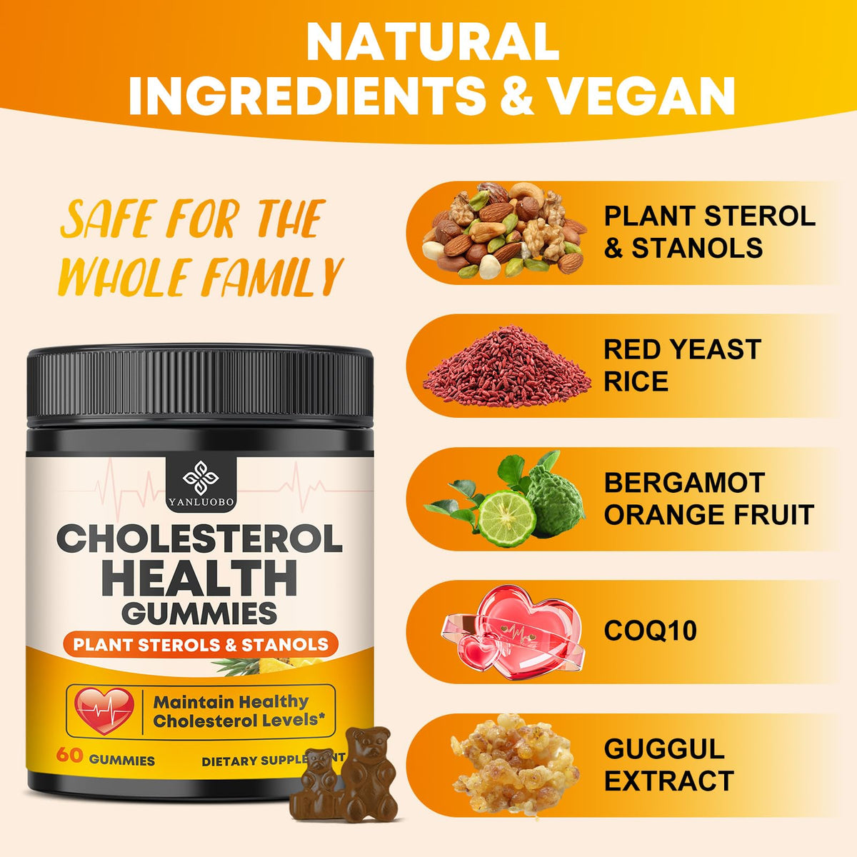 Cholesterol Supplements Gummies, Maintains Normal Levels with 1200mg Plant Sterols & Stanols, Bergamot Orange Extract, Red Yeast Rice for Women & Men, Pineapple Flavor, 60 Counts (2 Pack)